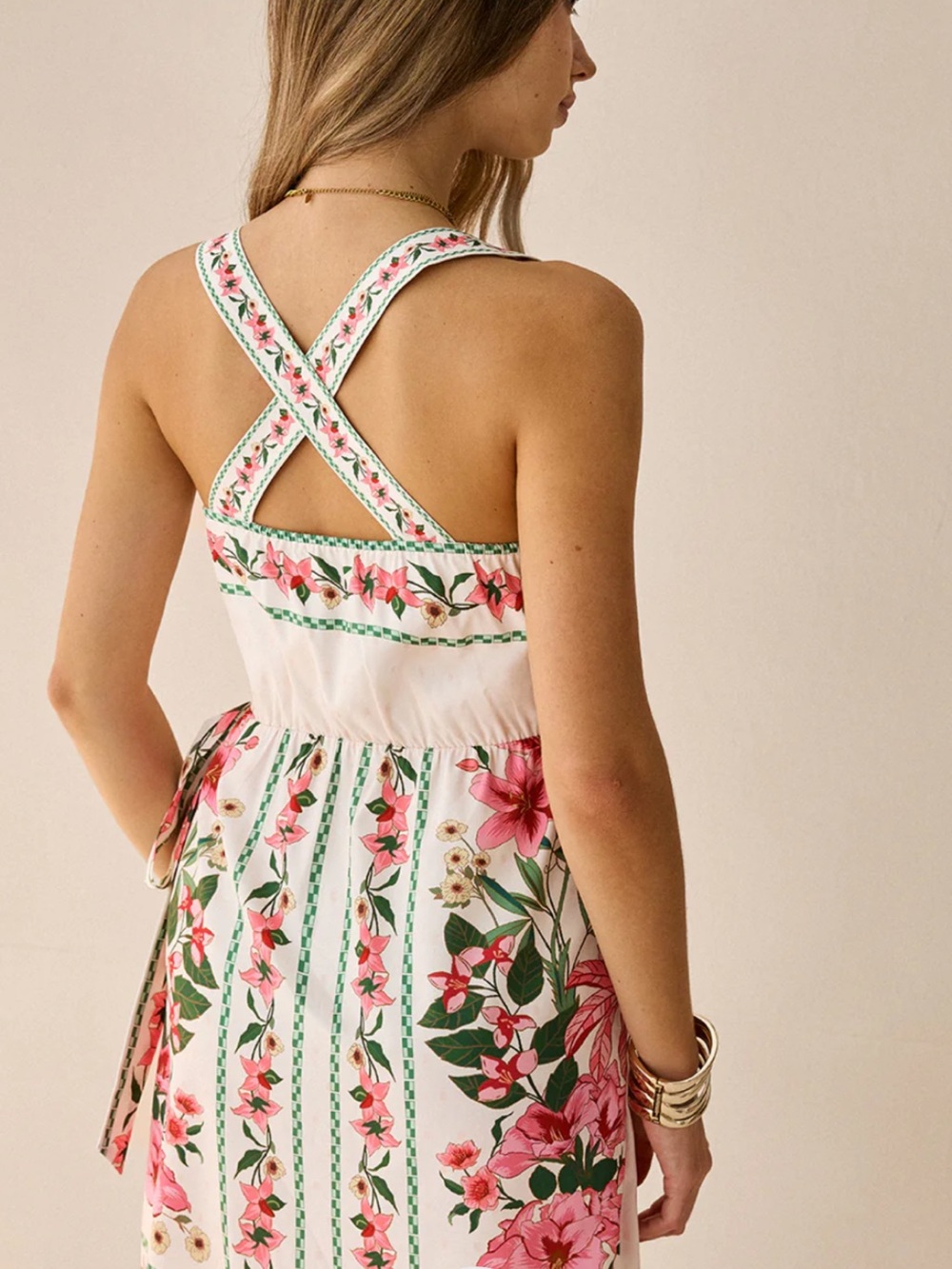 Commense Cream Mini Dress with Pink Floral & Green Leaves - Picture 5 of 5